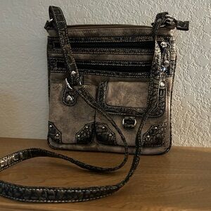 Rustic metallic.faux leather Crossbody  Bag  zippers and pockets